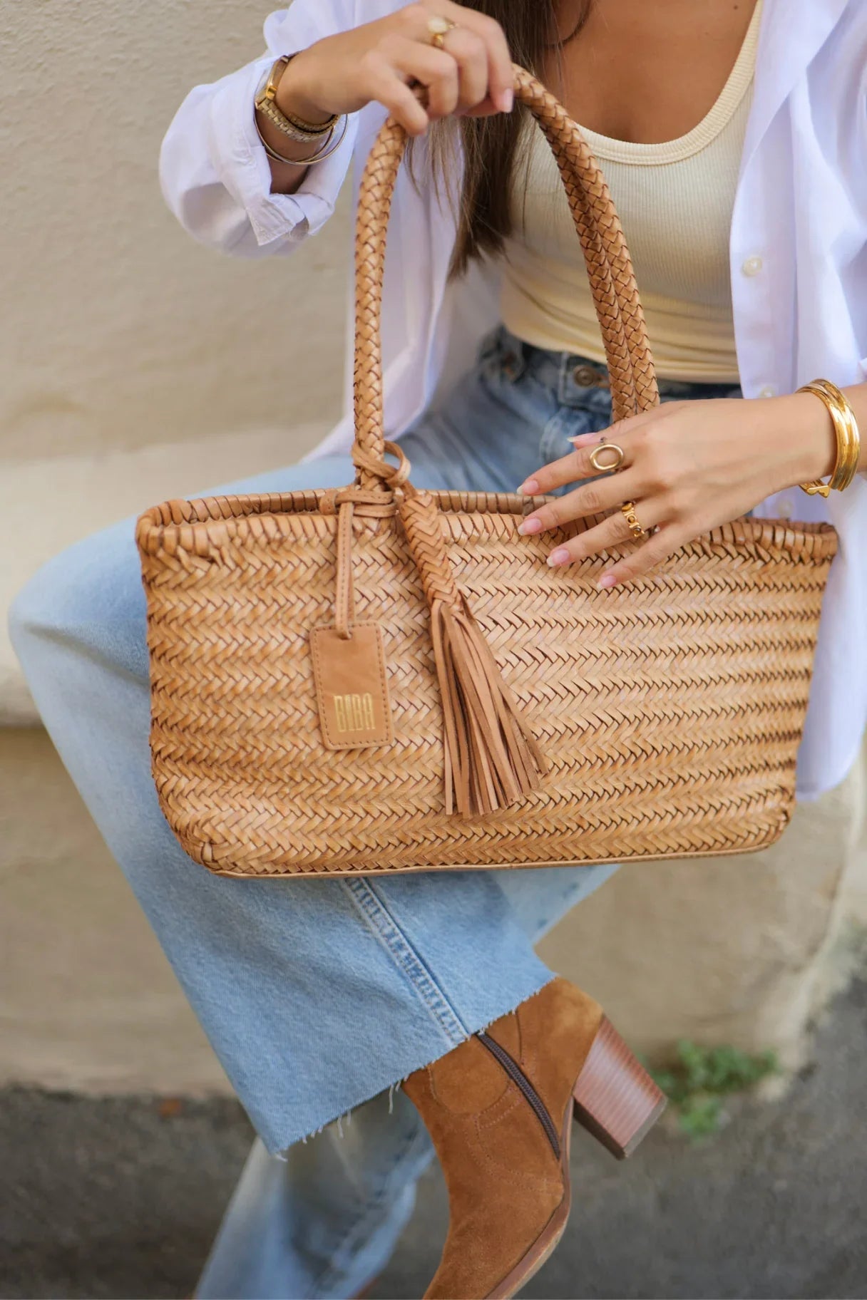 Sac baguette en cuir tressé Biba Perkins PER10L coloris naturel
