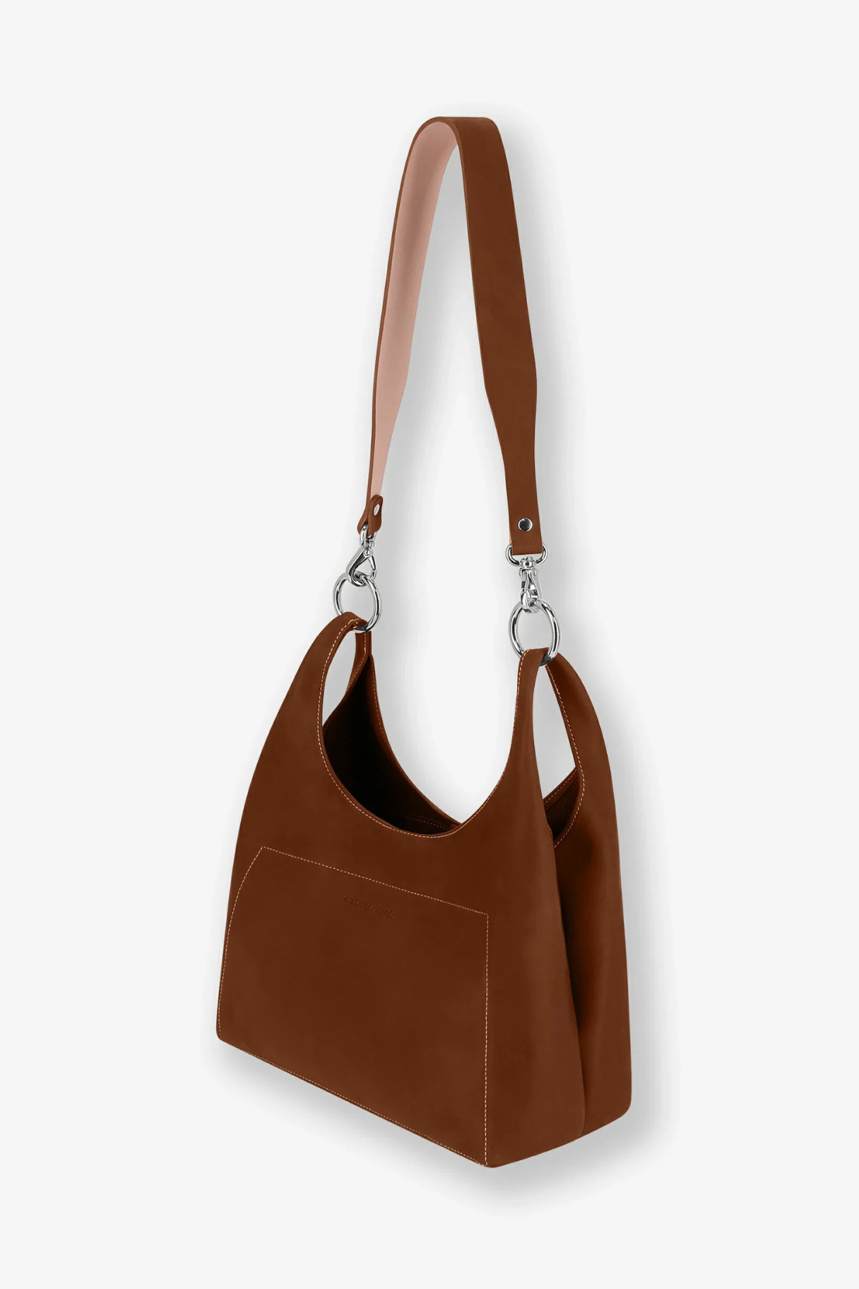 Sac Amazone Ateliers Fourès en cuir aniline marron vue de profil avec surpiqûres blanches