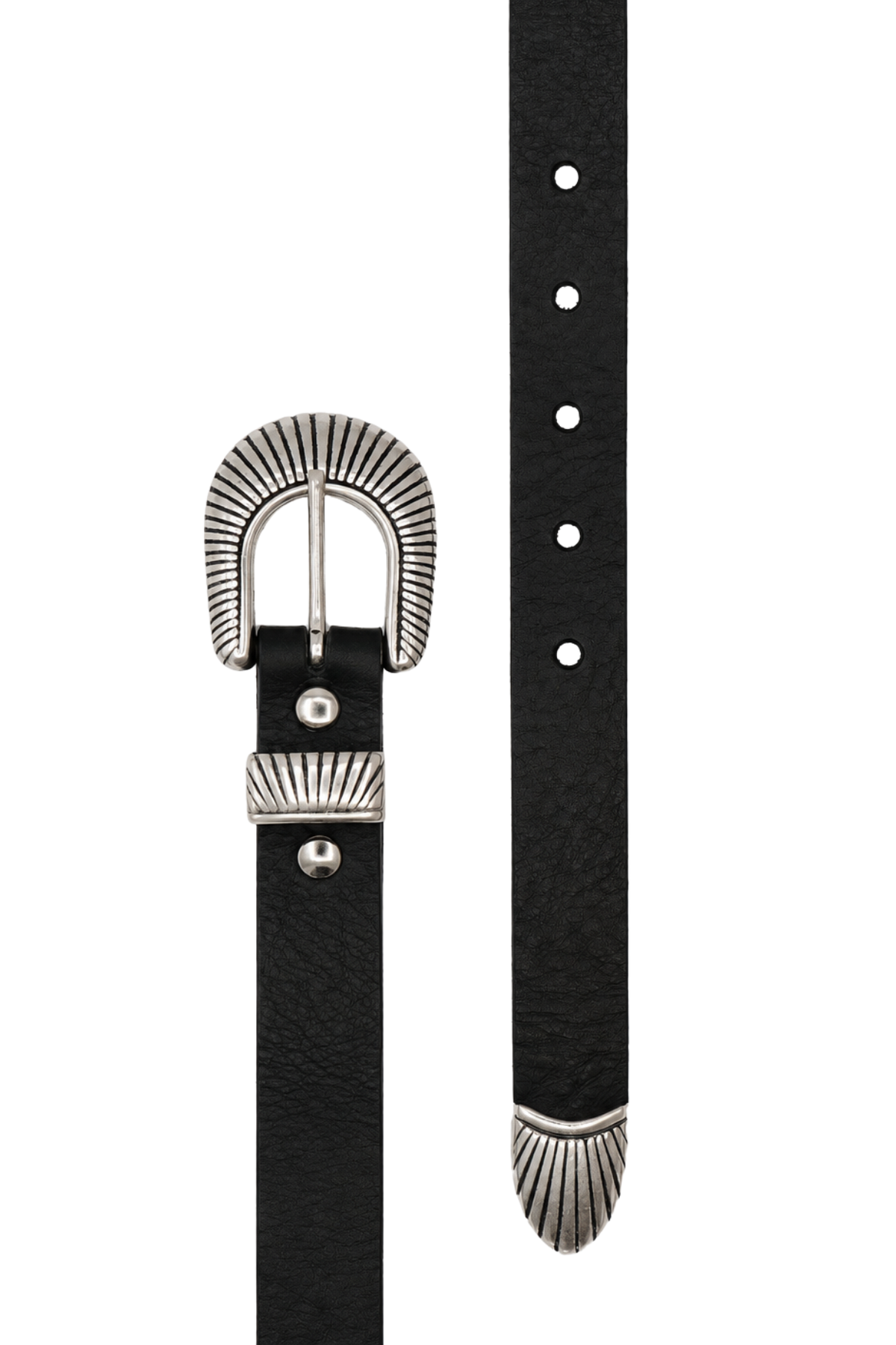 Ceinture femme en cuir pleine fleur noir Anne, boucle western argentée striée et embout assorti, fabrication artisanale Nappa Pézenas