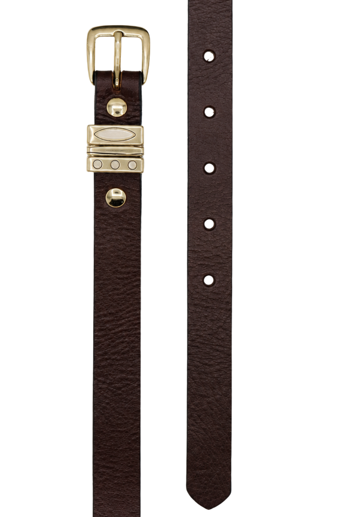 Ceinture femme en cuir pleine fleur marron Arwen, boucle ardillon dorée et passant à rivets, fabrication artisanale Nappa Pézenas