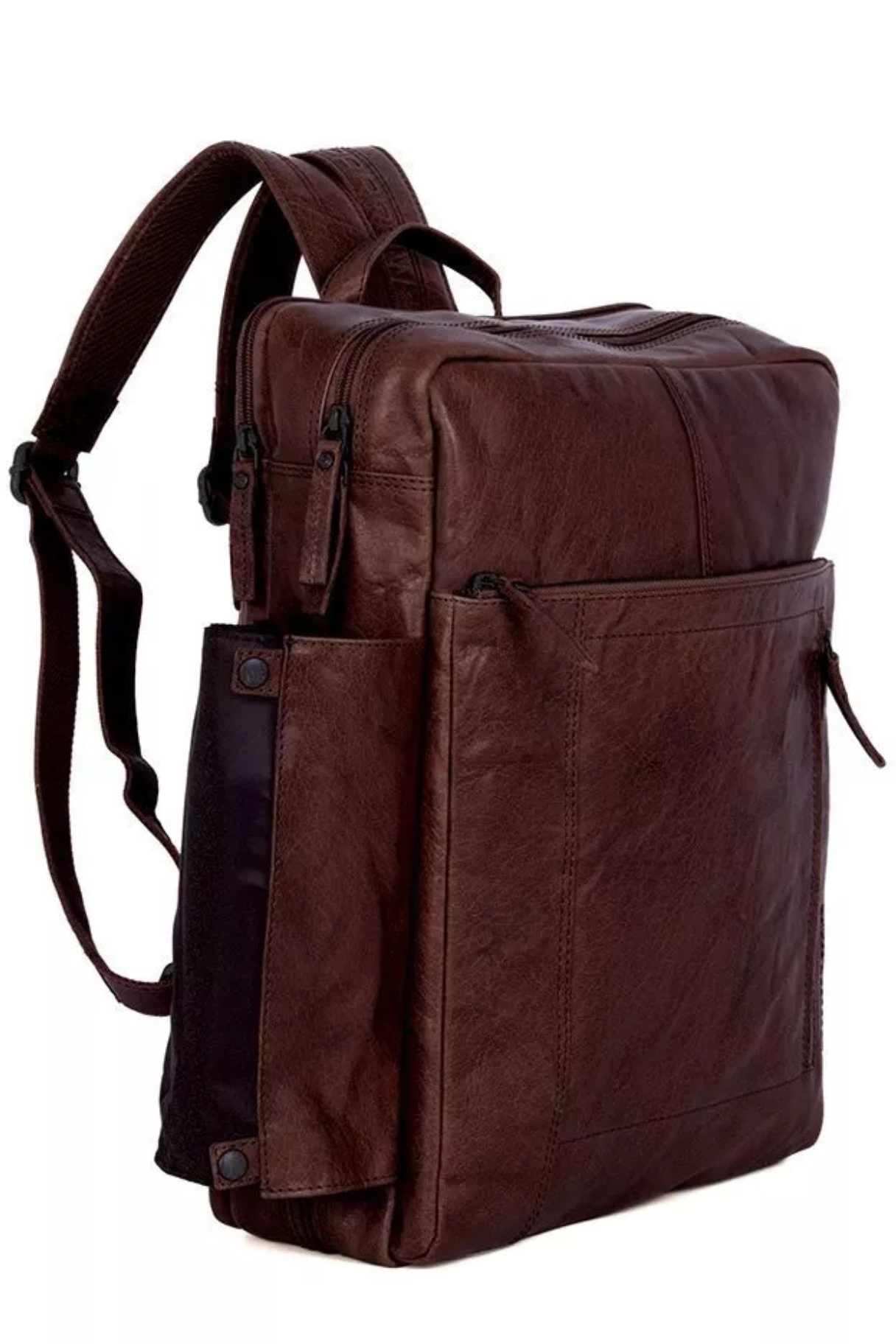Sac à dos cuir marron Spikes & Sparrow Jonathan, vue de profil avec compartiments zippés