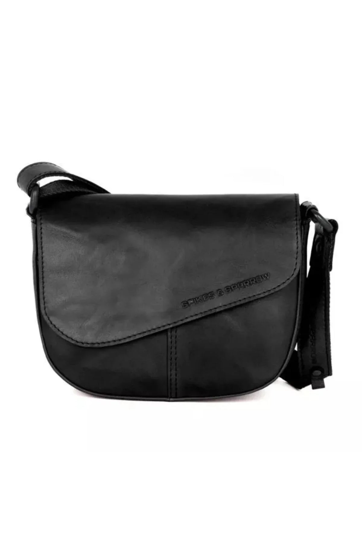 Sac bandoulière Genya Spikes & Sparrow en cuir noir, rabat asymétrique, vue de face