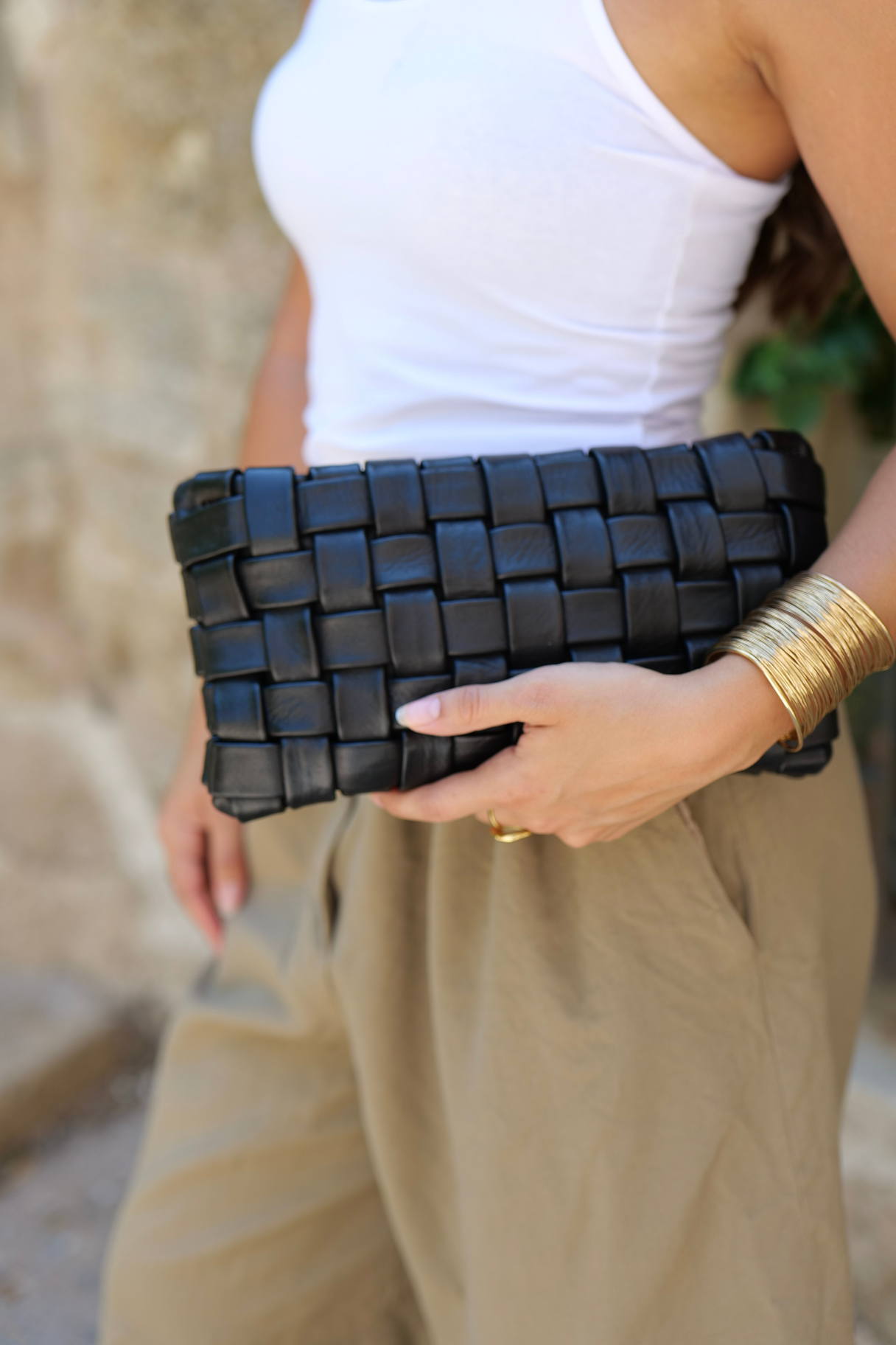 Sac bandoulière cuir tressé noir Bayside, cuir de veau vintage Made in Italy