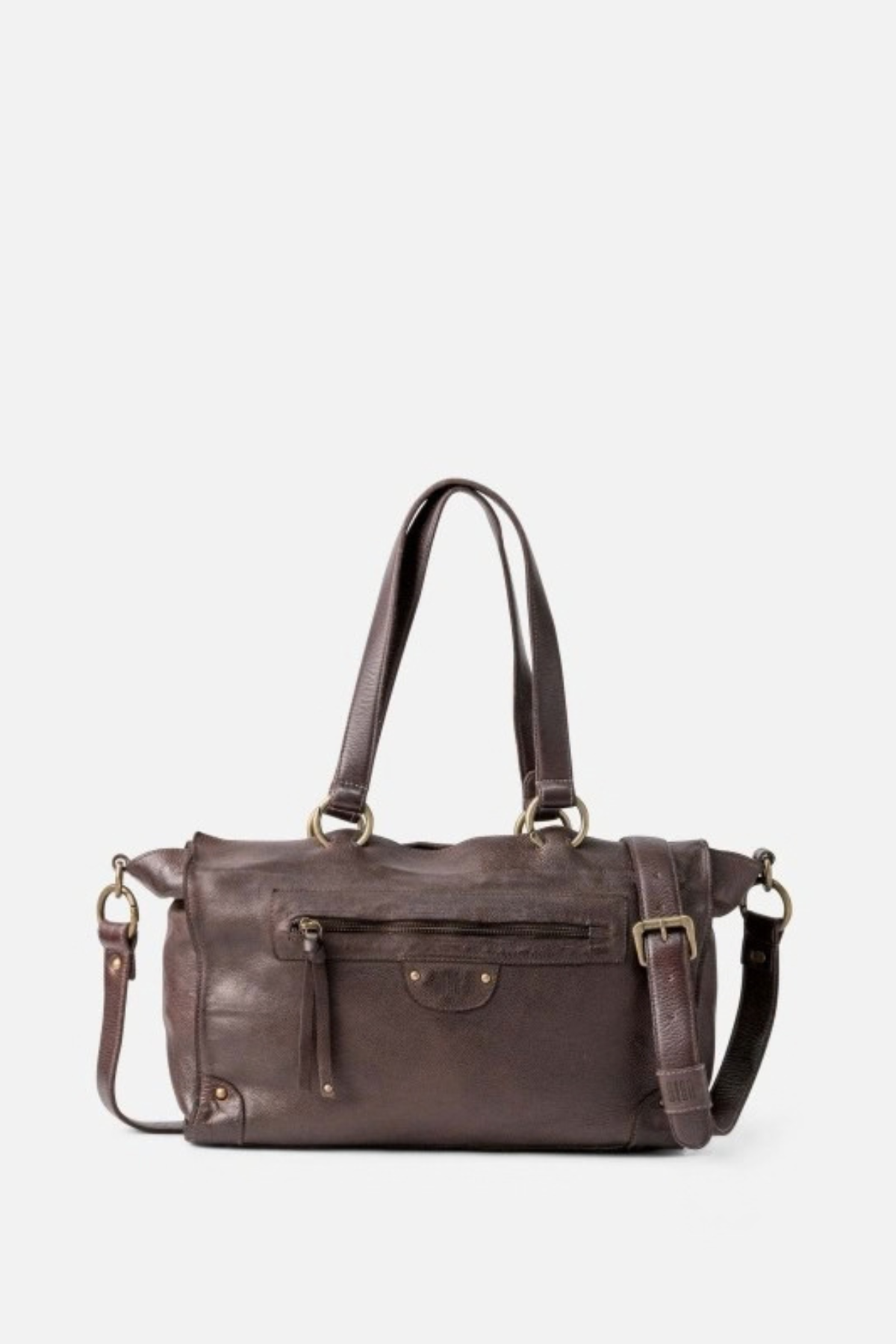 Cabas Alaska Biba en cuir de vachette lavé marron foncé, poche zippée en façade et rivets laiton