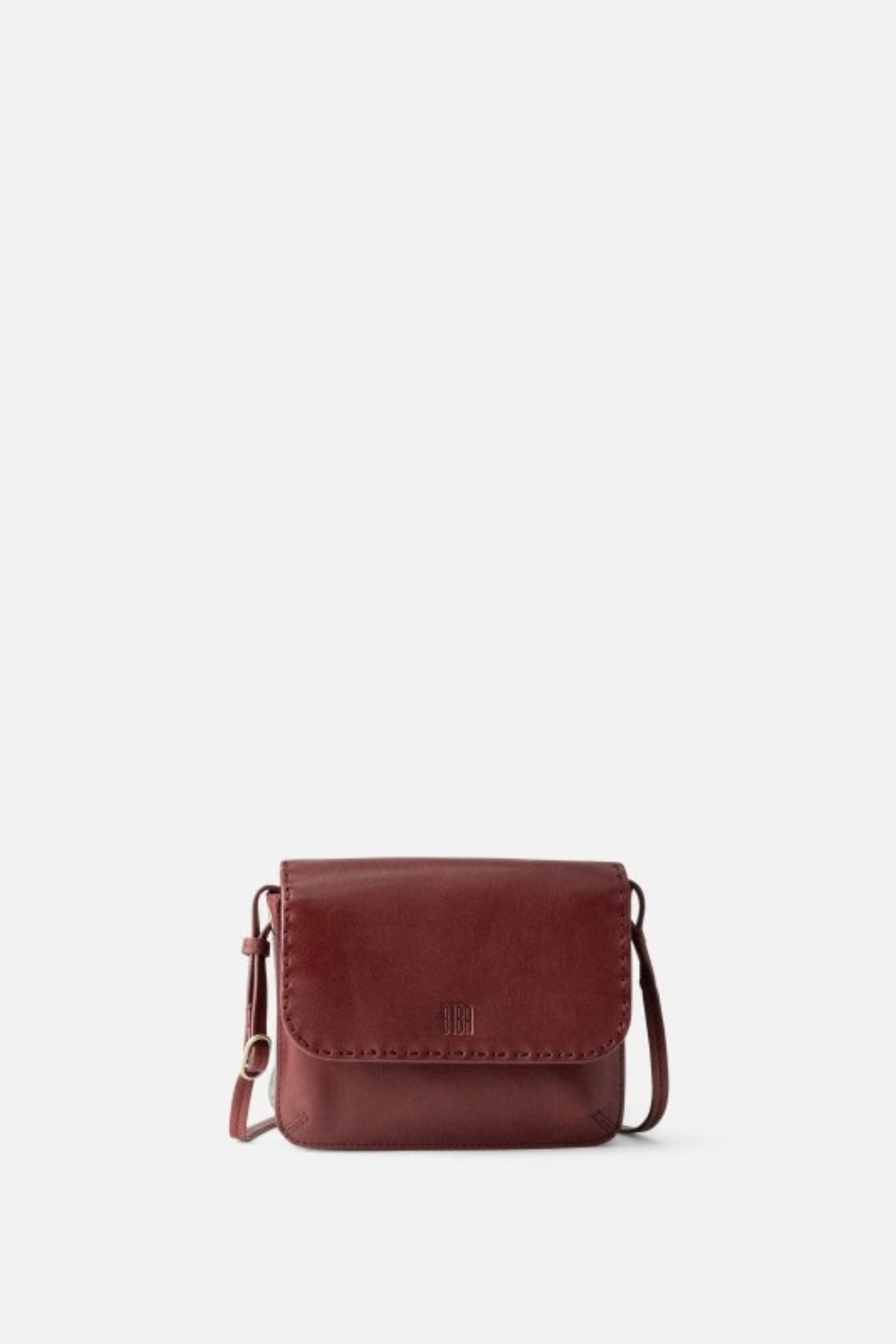 Petite besace Hatch Biba en cuir de vachette bordeaux, lanière réglable à boucle laiton