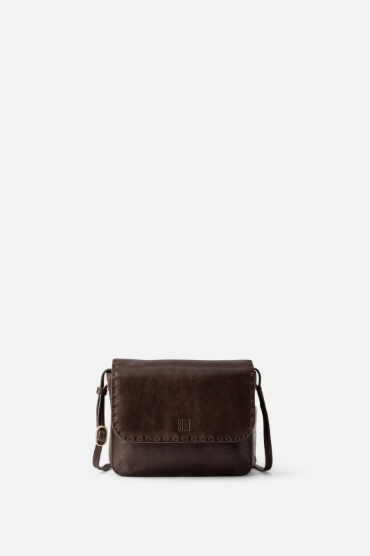 Petite besace Hatch Biba en cuir de vachette marron foncé, poche extérieure