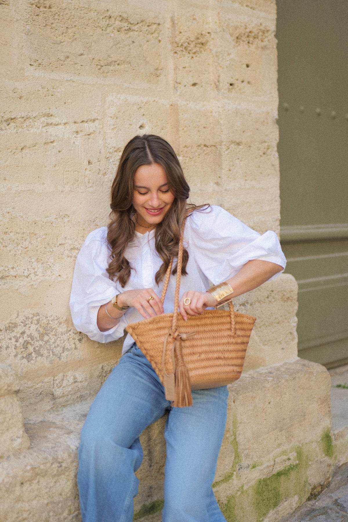 Panier BIBA Perkins PER14L en cuir tressé naturel porté