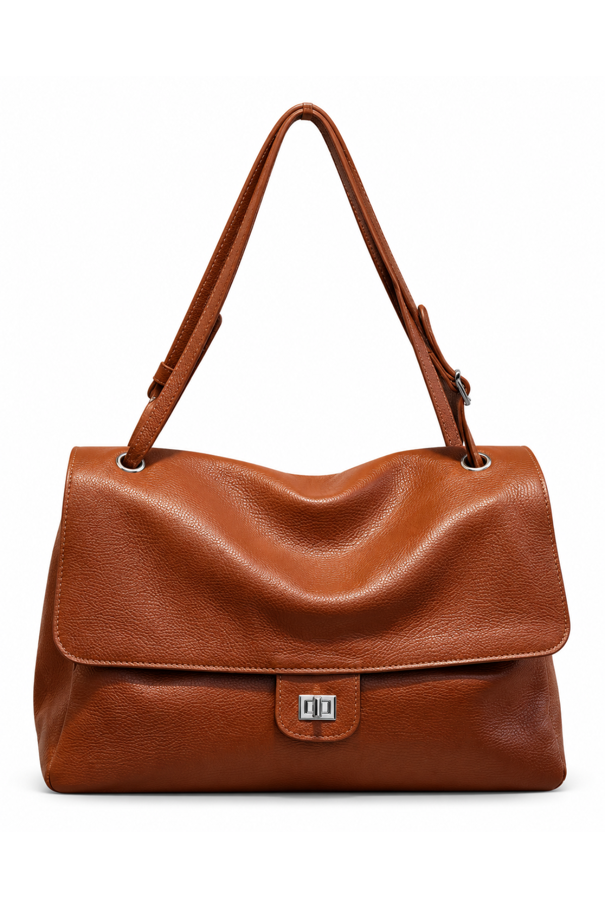 Sac à rabat Margot format moyen en cuir grainé cognac, fermoir tournant argenté