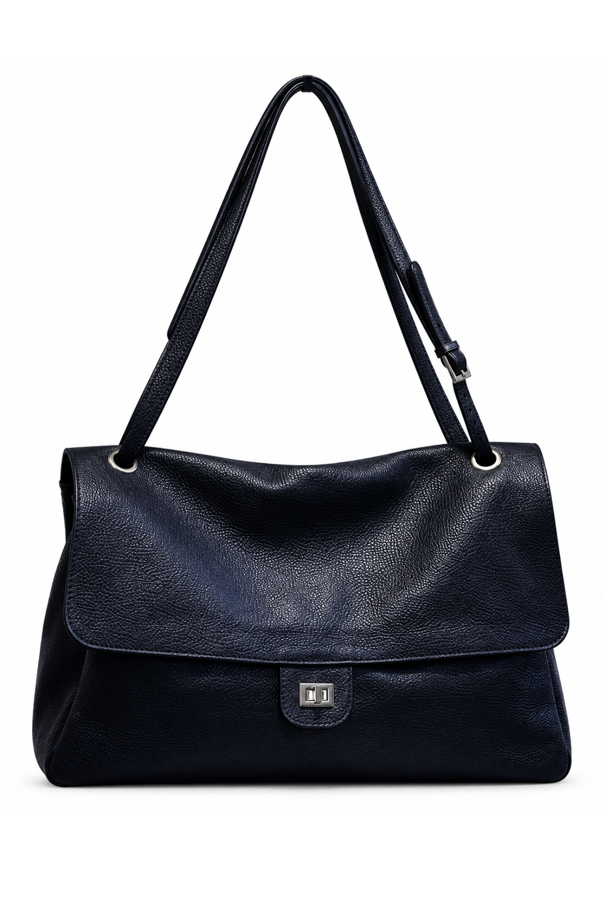 Sac à rabat Margot format moyen en cuir grainé bleu marine, fermoir tournant argenté