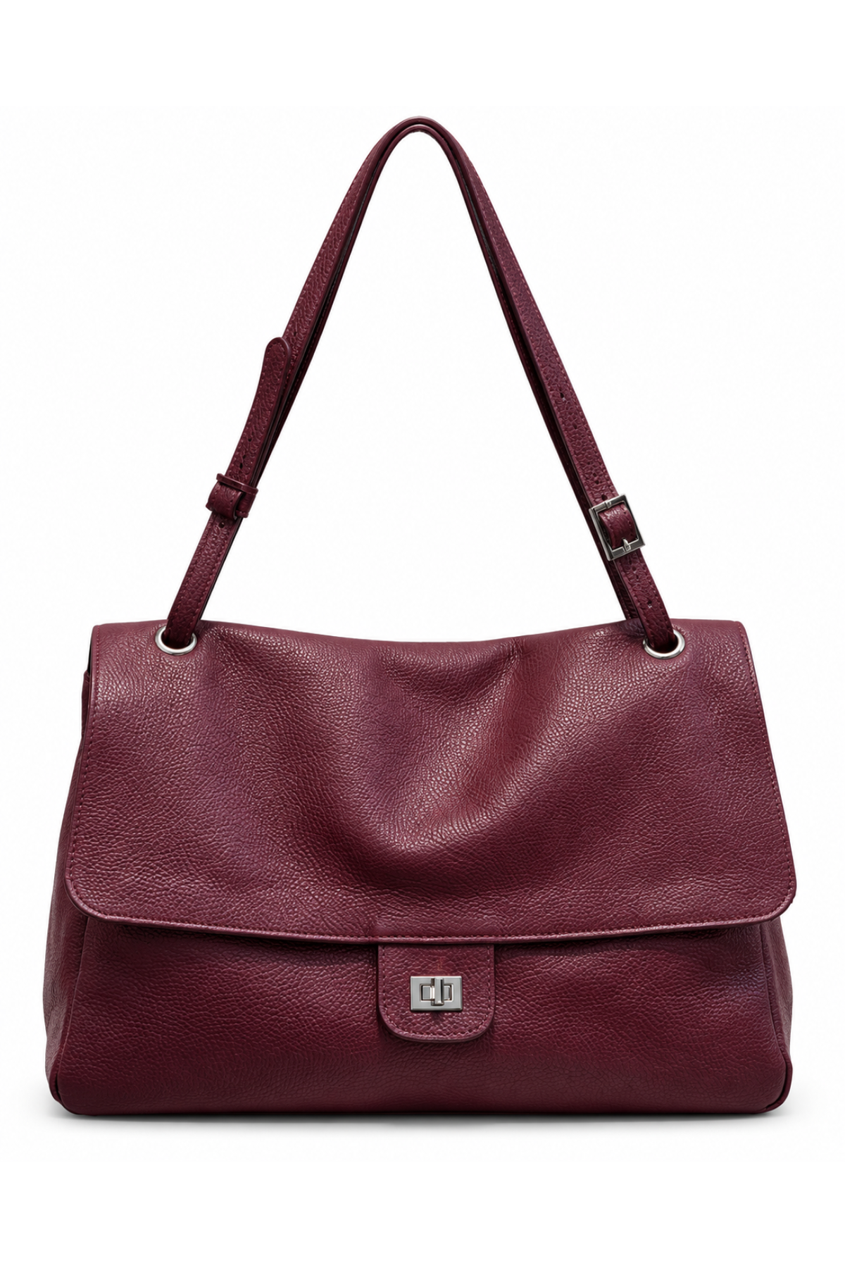 Sac à rabat Margot format moyen en cuir grainé rouge bordeaux, fermoir tournant argenté