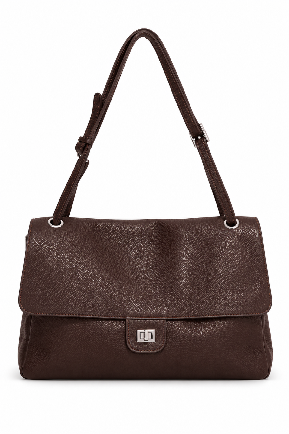 sac rabat cuir grainé marron foncé fermoir argenté