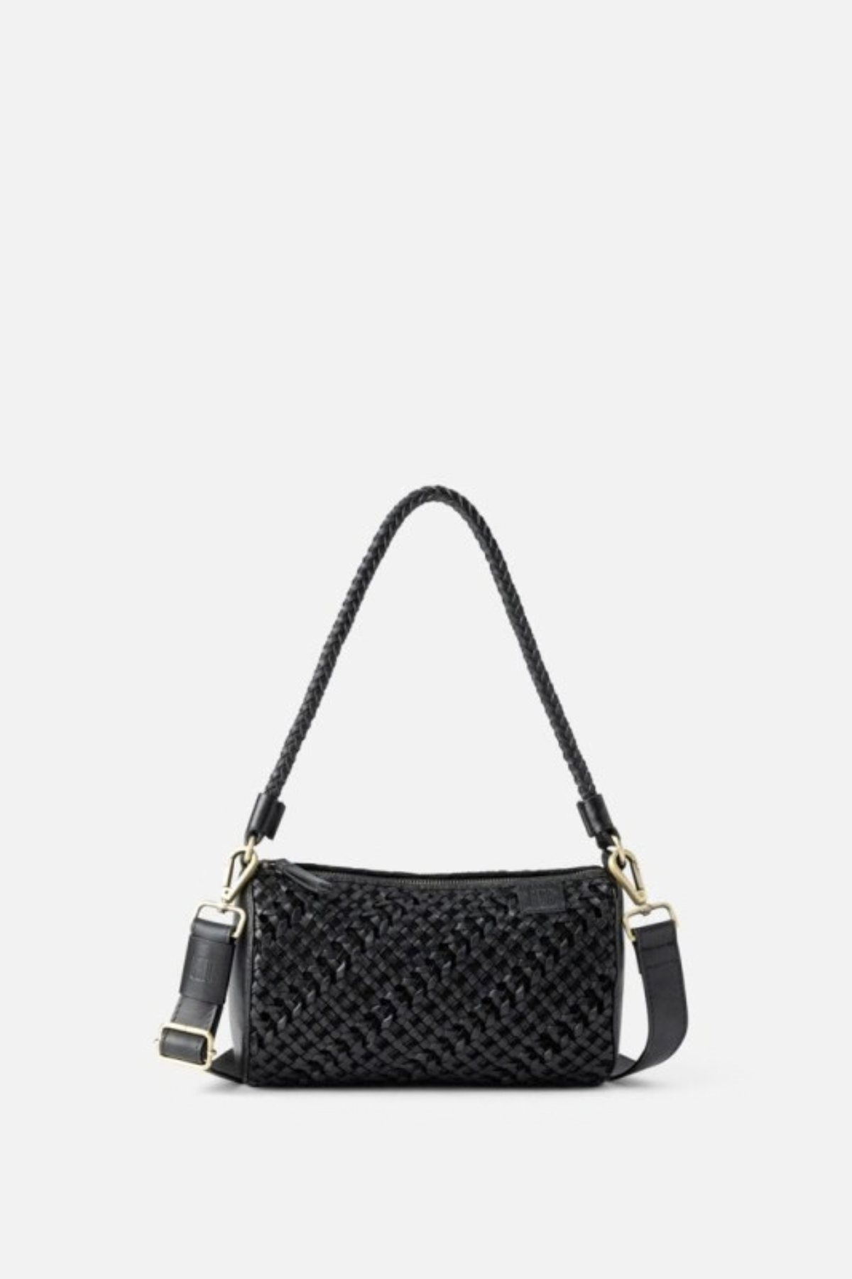 Sac Selma Biba en cuir tressé noir, anse tressée fixe et bandoulière amovible dorée, 25 x 15 x 12 cm