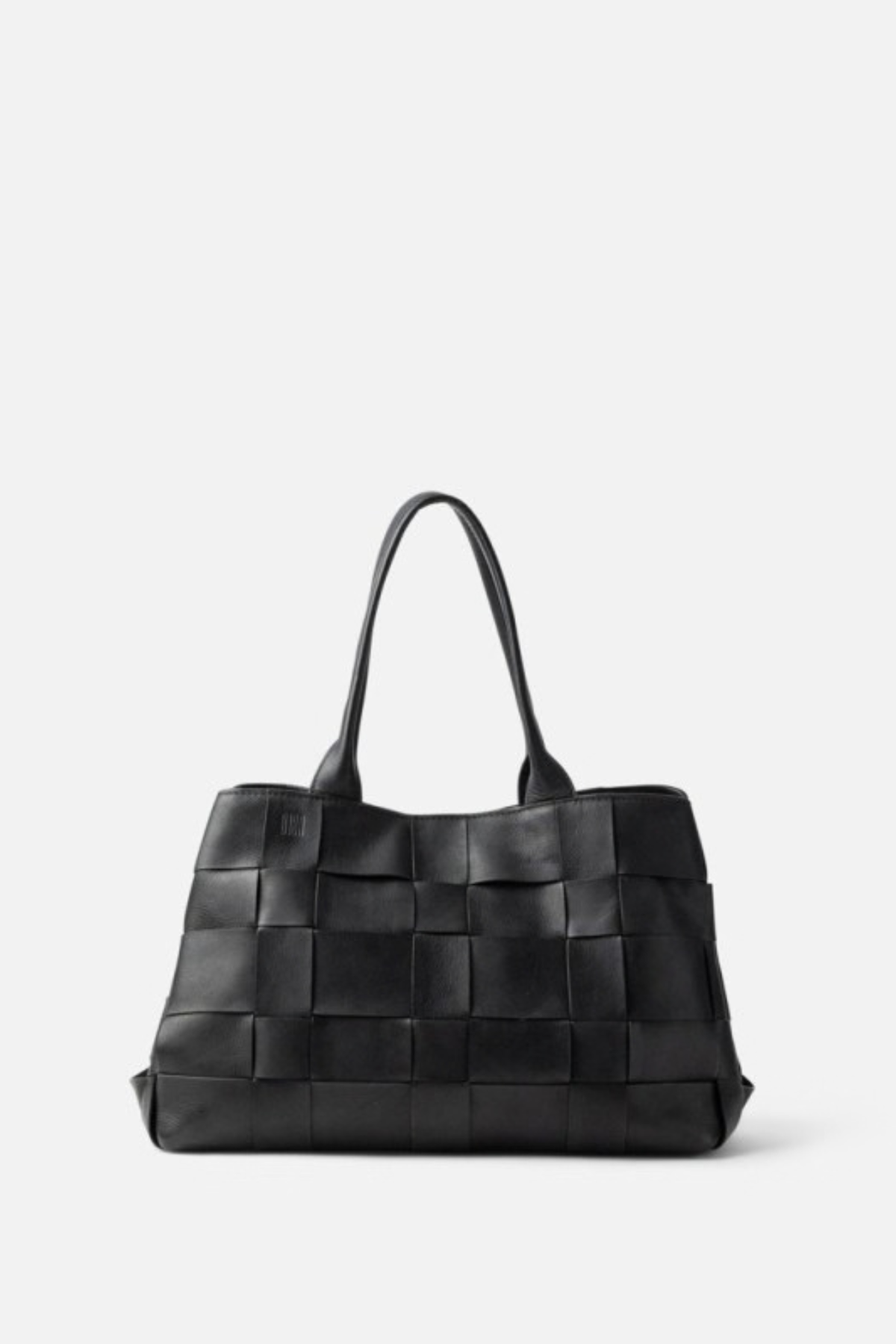 Cabas Wann Biba en cuir de vachette tressé noir, anses d’épaule, 29 x 21 x 12 cm