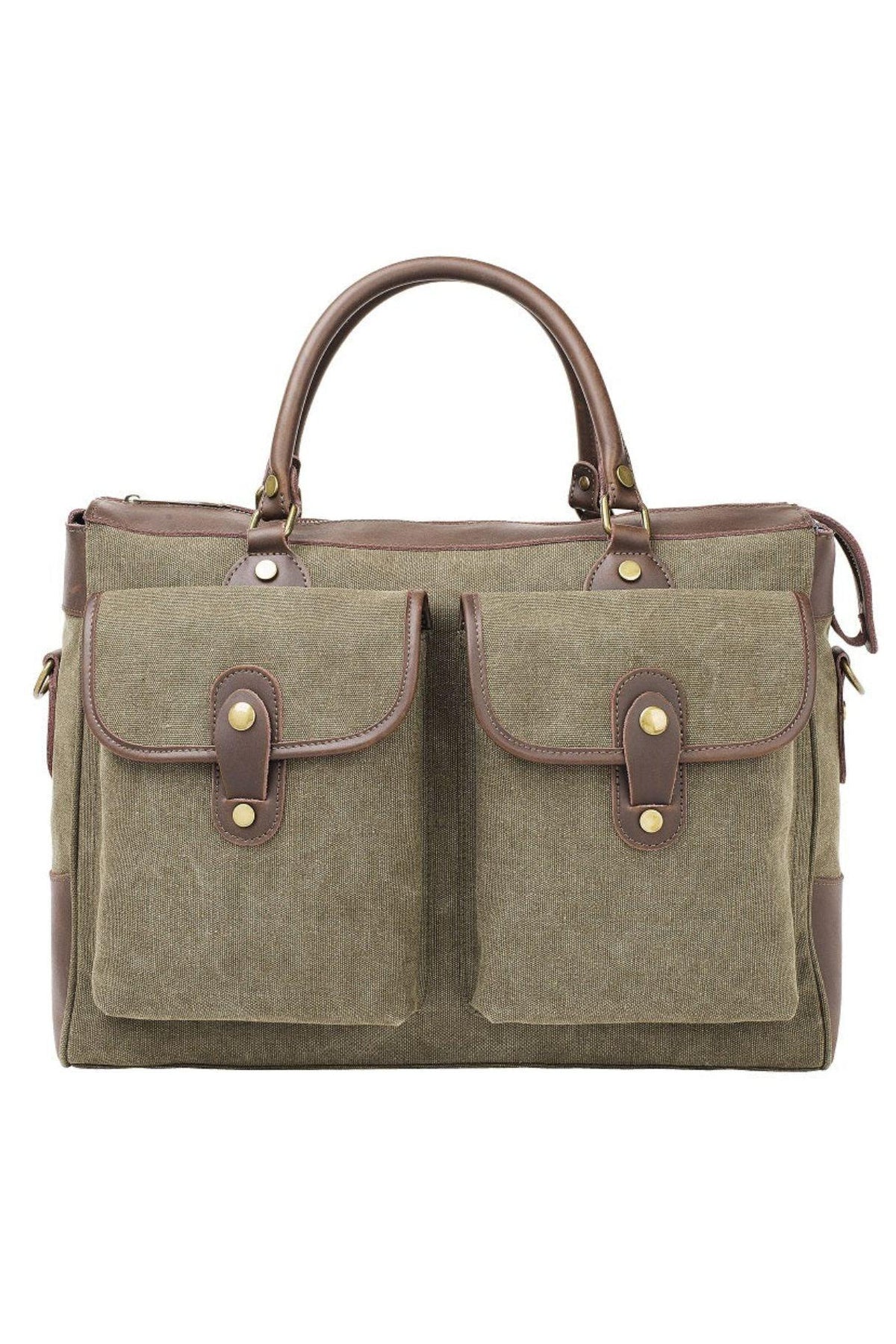 Sac week-end ZEDE Austerlitz en toile lavée olive et cuir, deux poches avant à rabat