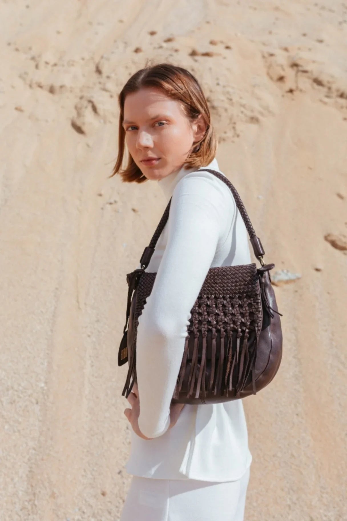 BIBA - Sac à main en cuir et tressé marron
