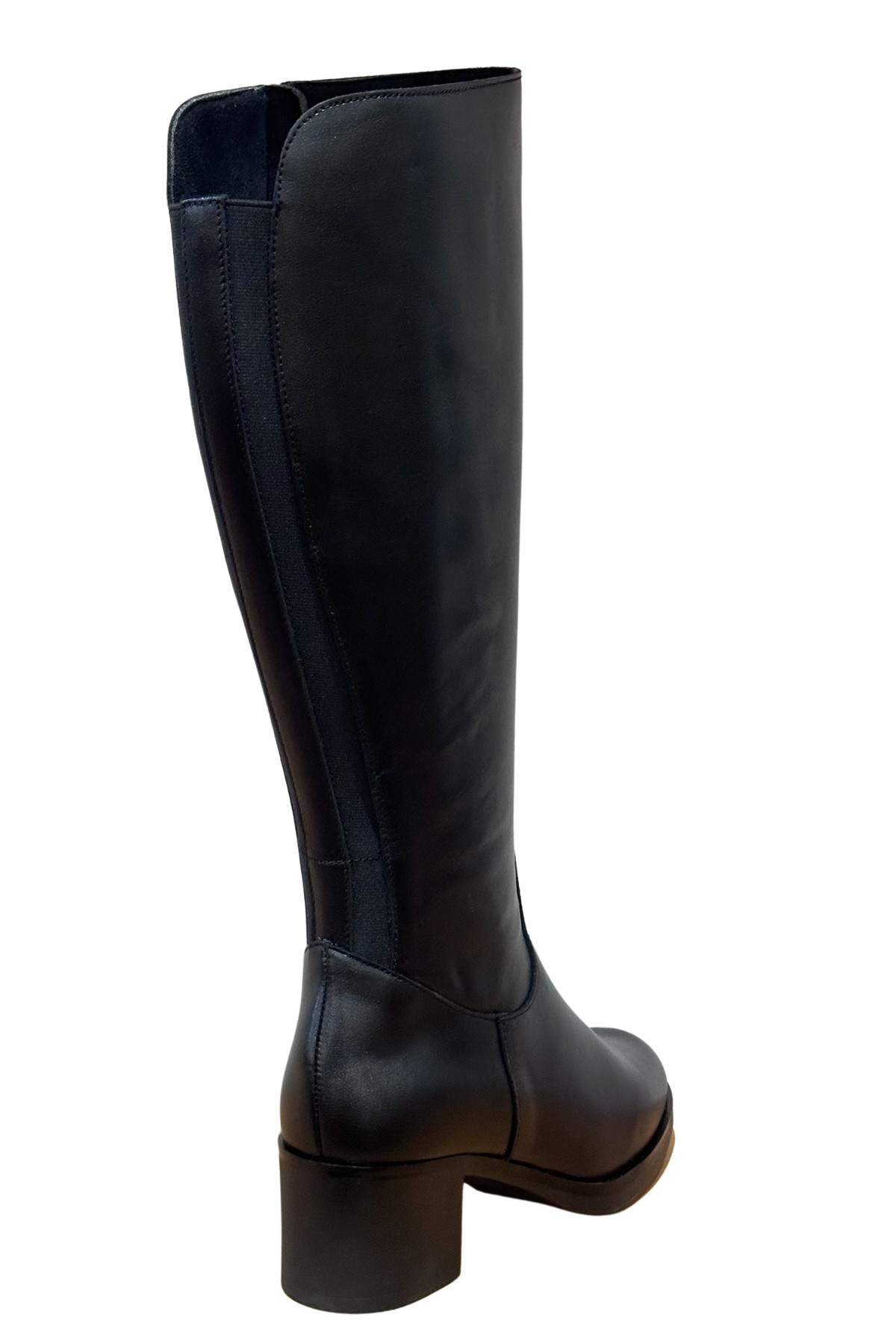 Botte cavalière en cuir noir Kaola 7282 vue de dos, panneau élastique et talon carré 5 cm