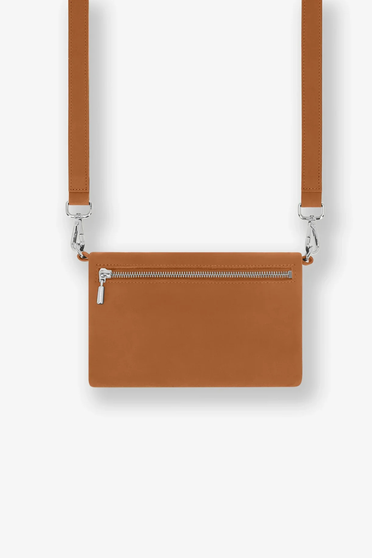 Dos de la pochette Mycène cognac avec poche plaquée zippée arrière YKK