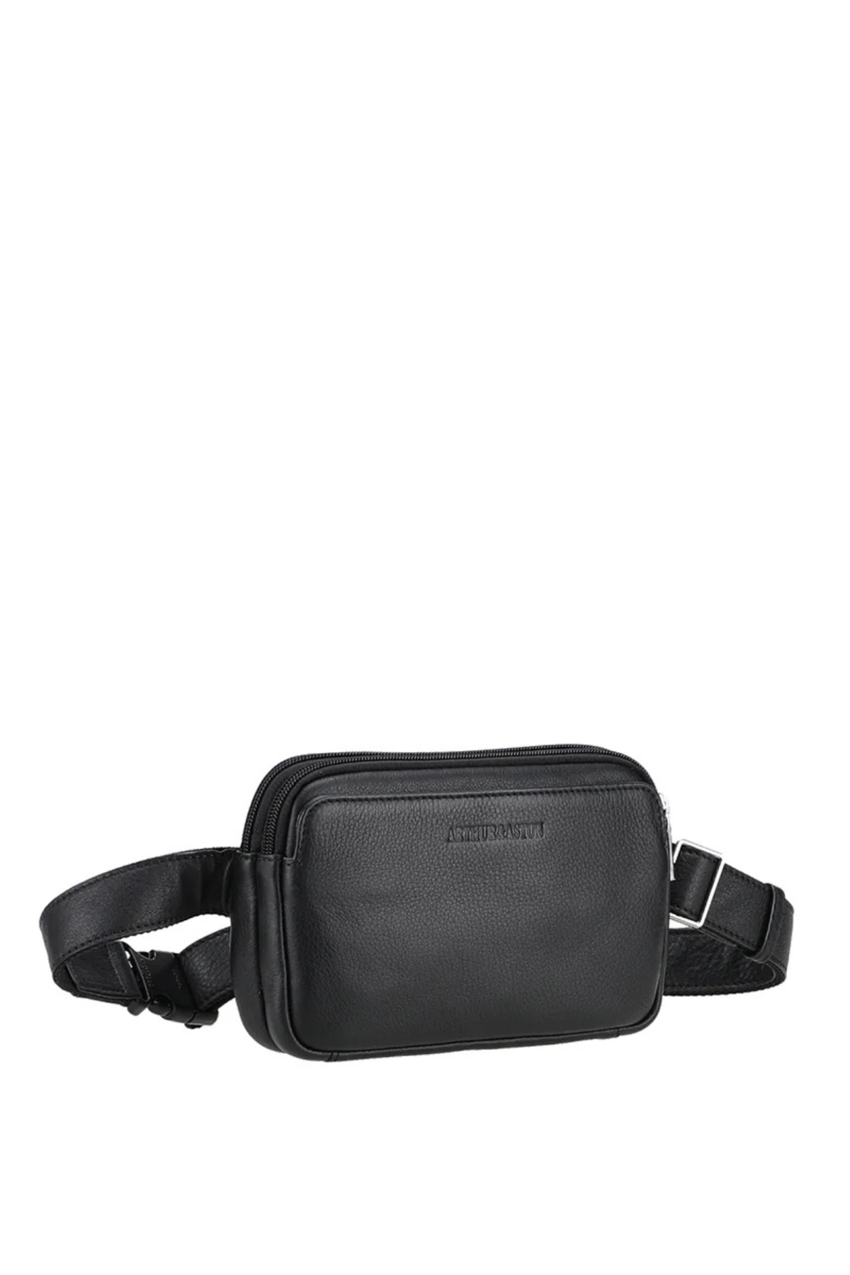 Sac banane Ange en cuir noir avec sangle ceinture réglable Arthur & Aston, vue trois-quarts