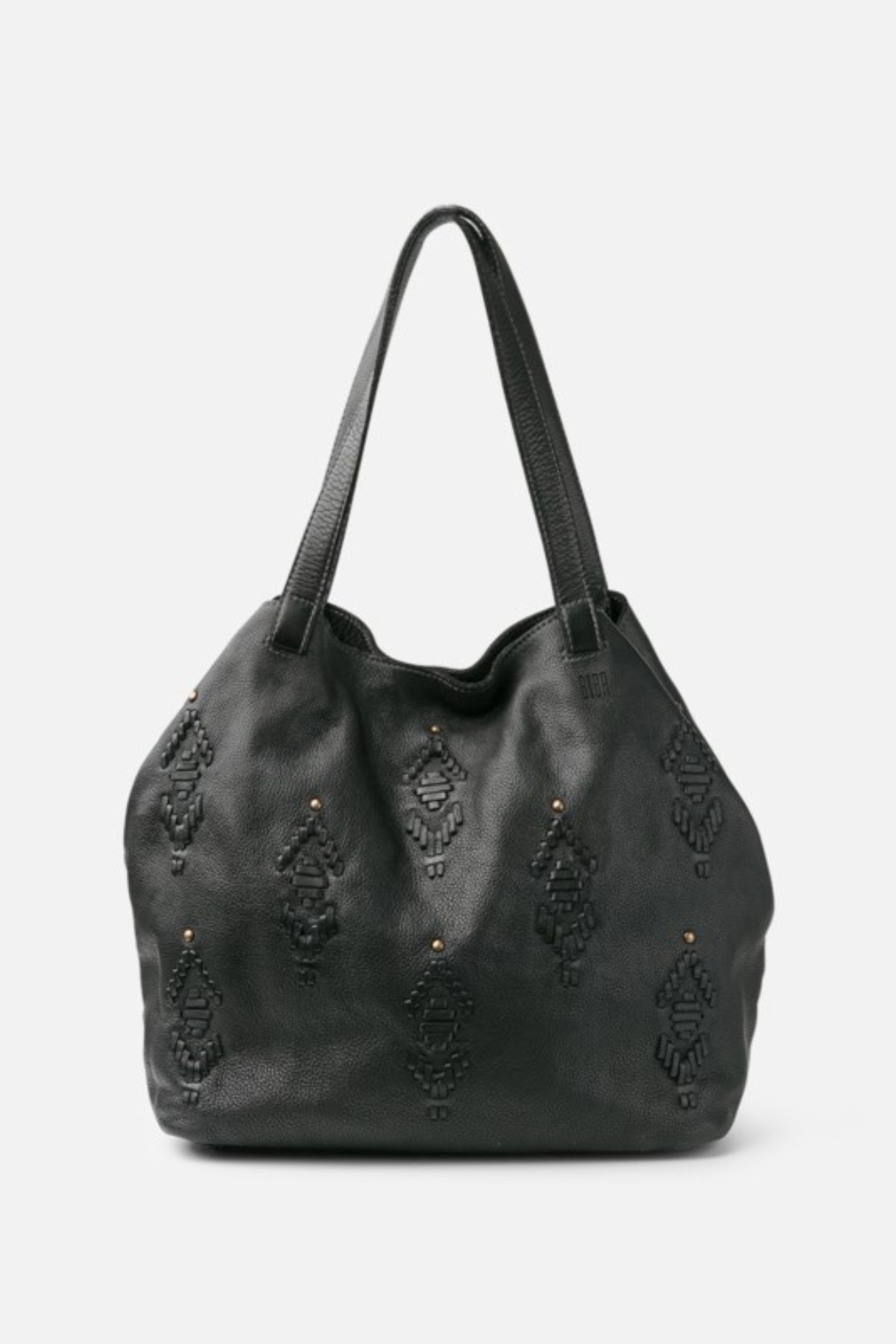 Sac cabas femme cuir noir Bayron Biba avec motifs ethniques tissés et clous dorés