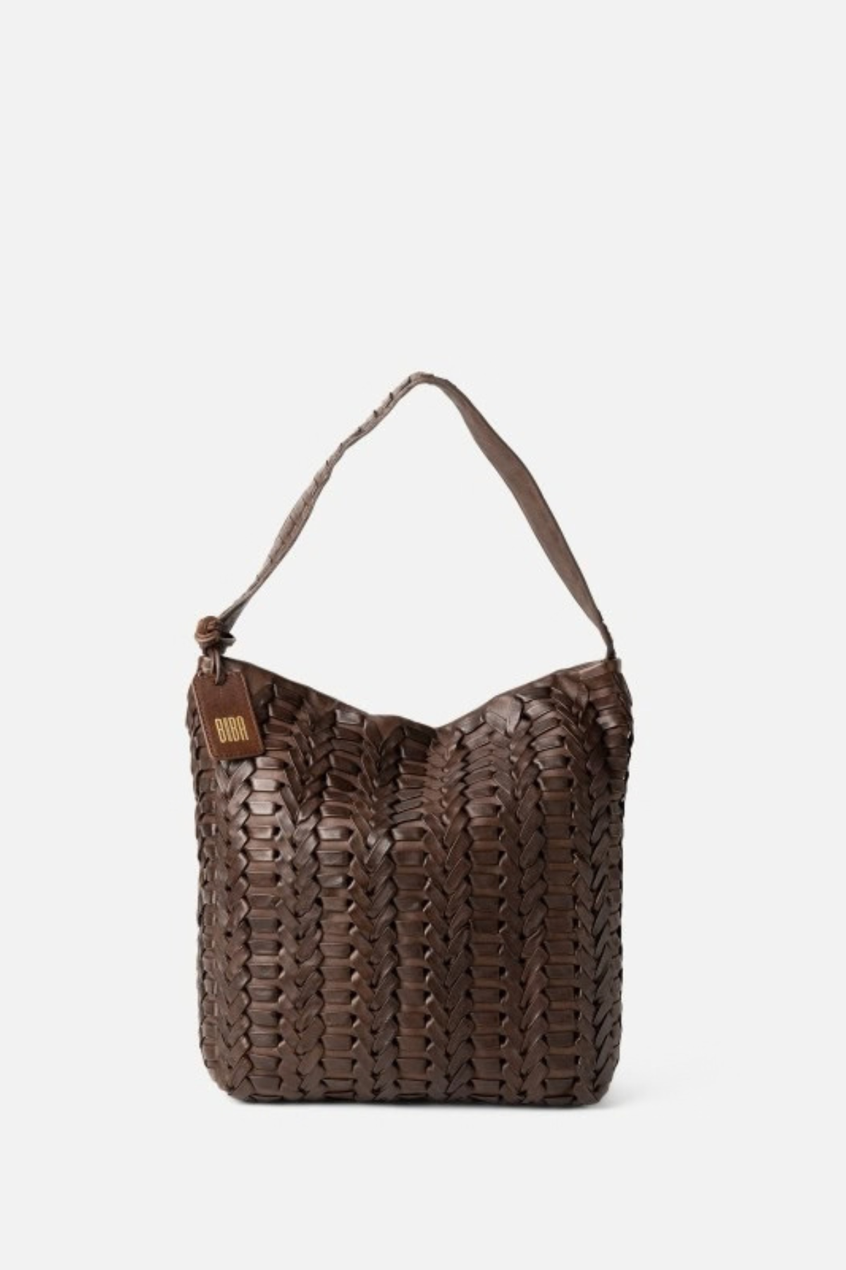 Sac Elk Biba en cuir tressé chevron marron foncé, anse tressée