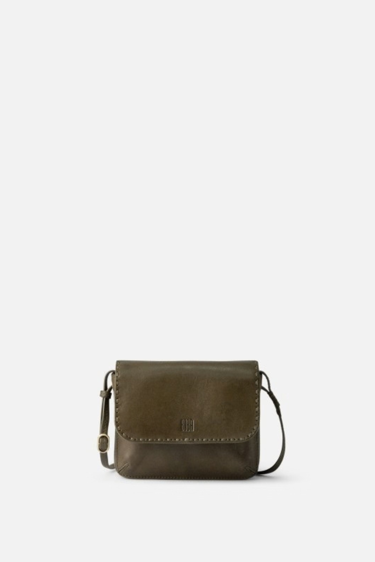 Petite besace Hatch Biba en cuir de vachette vert kaki, rabat à bouton