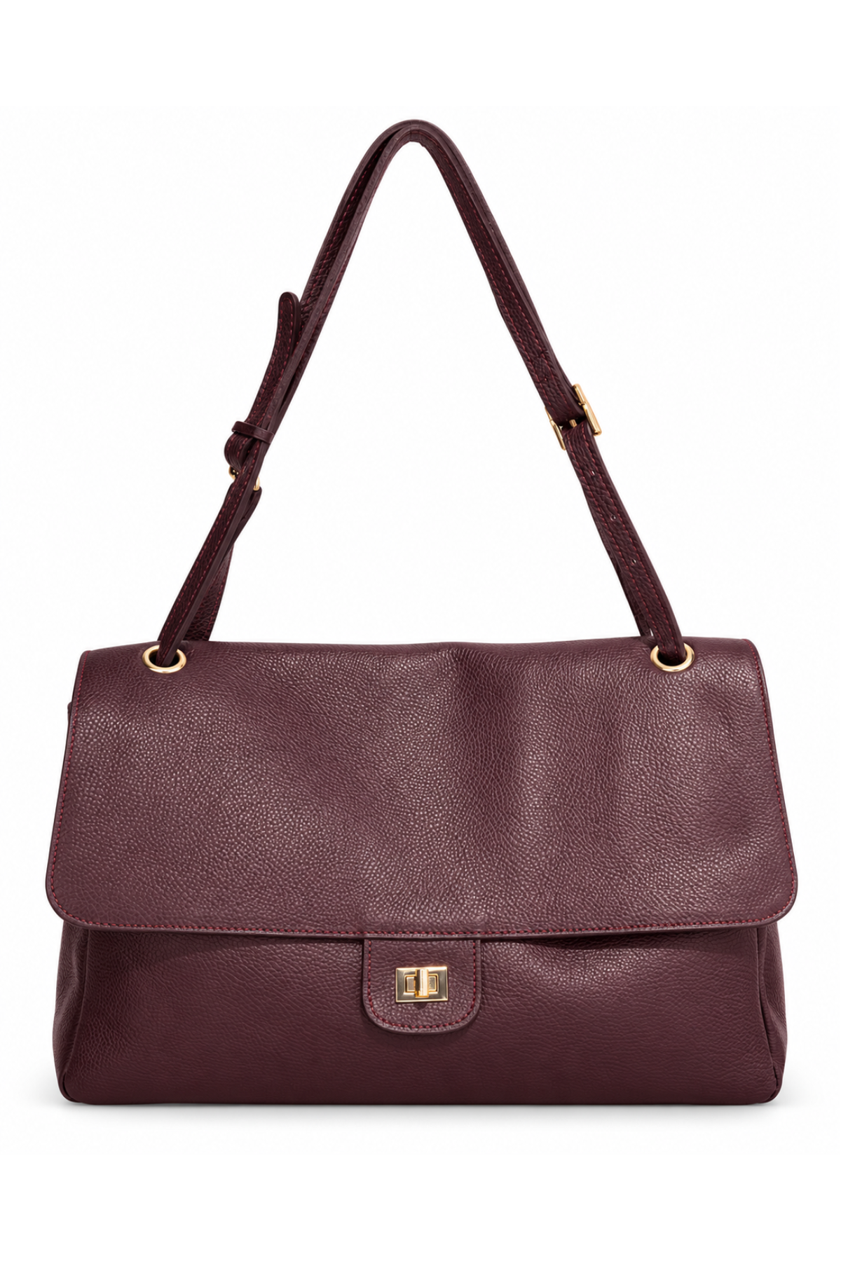 Sac à rabat Margot format moyen en cuir grainé lie de vin, fermoir tournant argenté